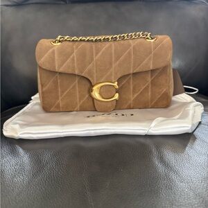 Coach Quilted Suede Shoulder Bag in Tan with Gold Hardware